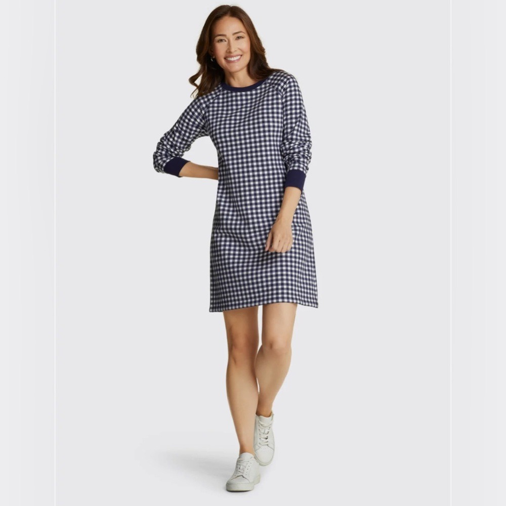 NWT Draper James Natalie Cotton Gingham‎ Sweatshirt Dress in Navy Size Small